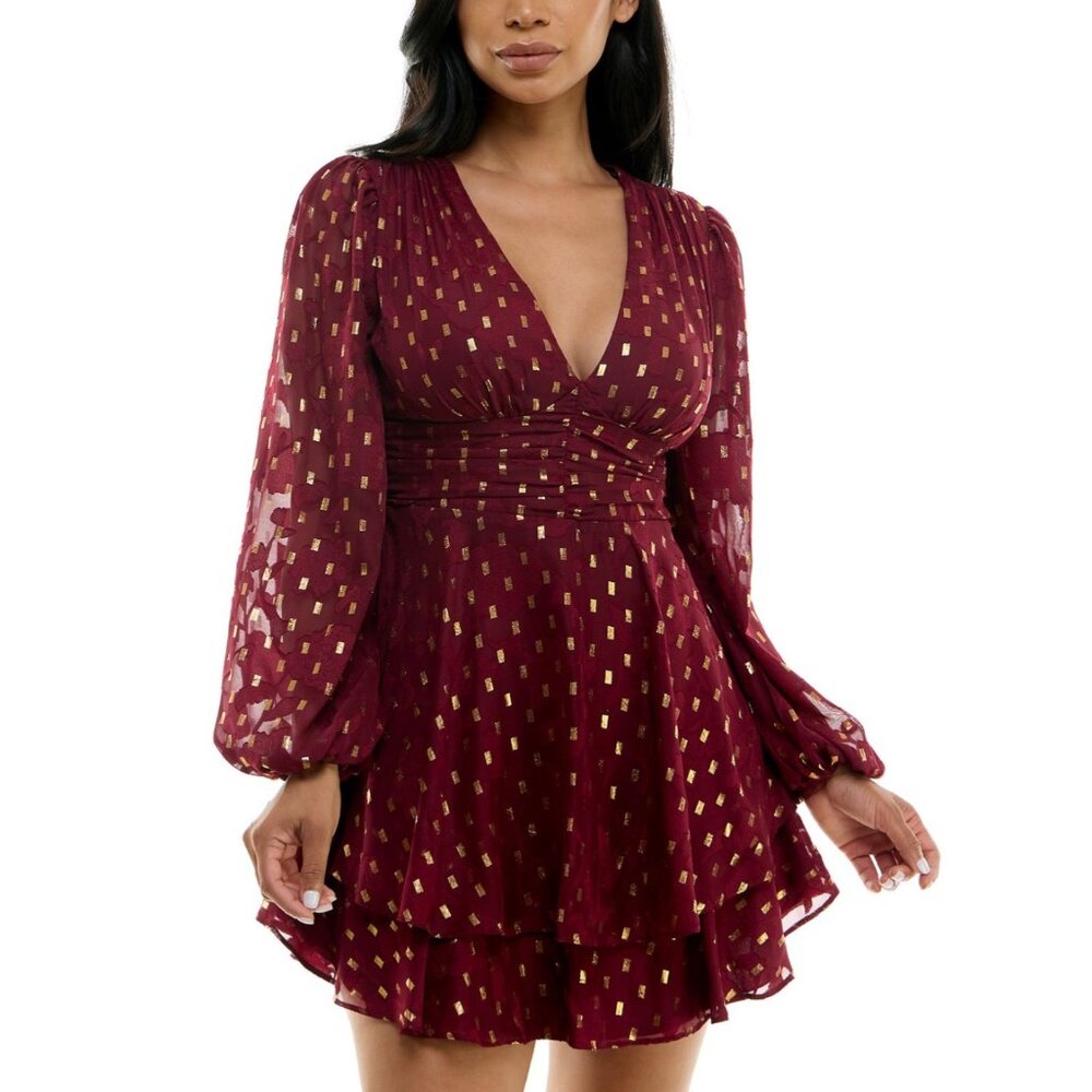 B. Darlin Burgundy & Gold Metallic Print Long-Sleeve V-Neck Mini Dress Size 5/6